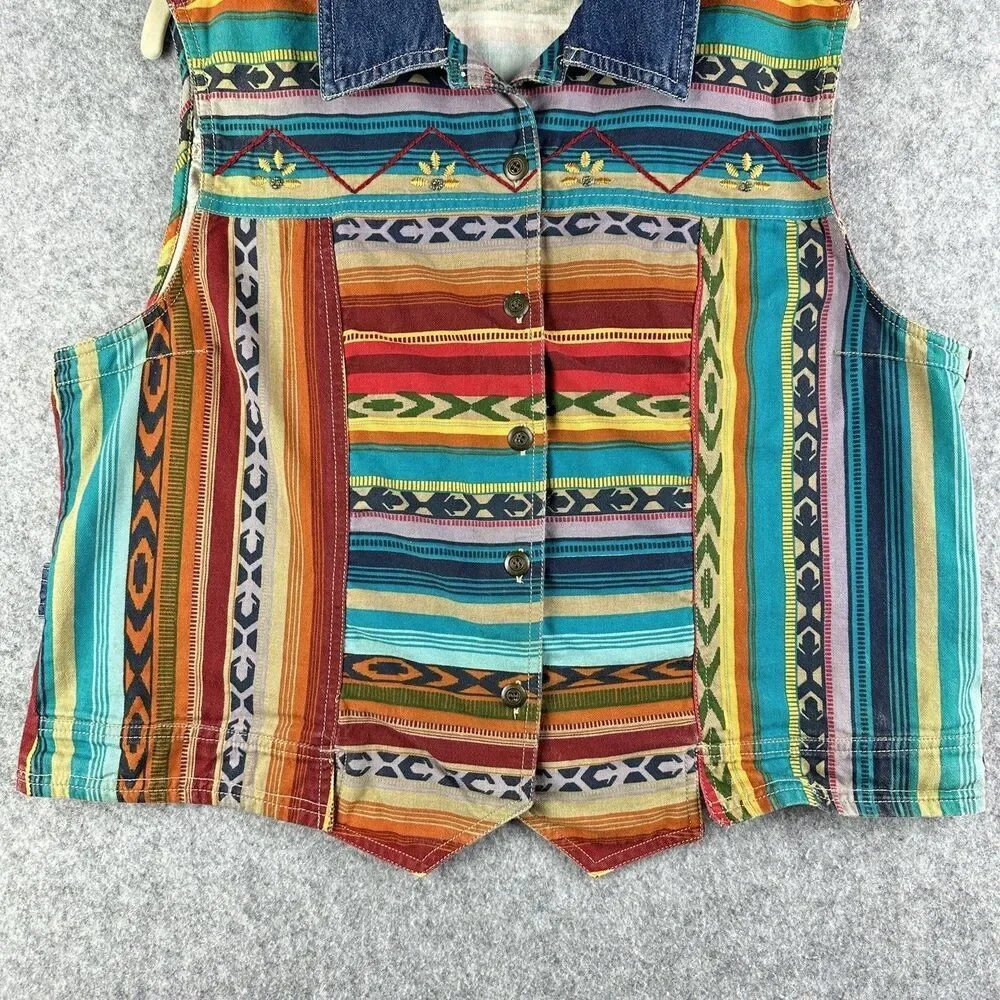 VTG Sun River Southwest Aztec Denim Vest Womens XL Western Beaded Cowboy Boho*